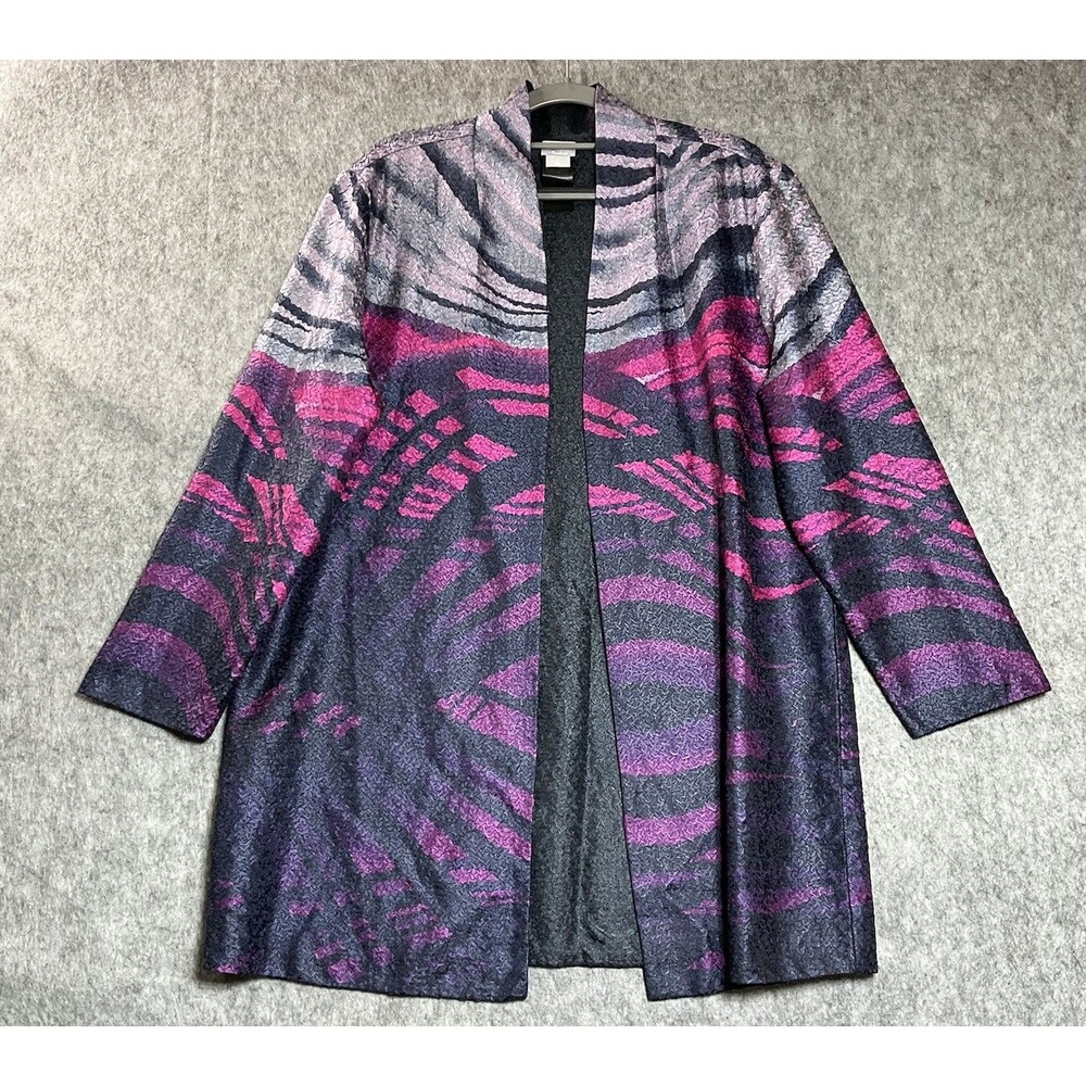 Chicos Sweater Womens 2 Large Purple Geometric Texture Open Front Cardigan Boho
